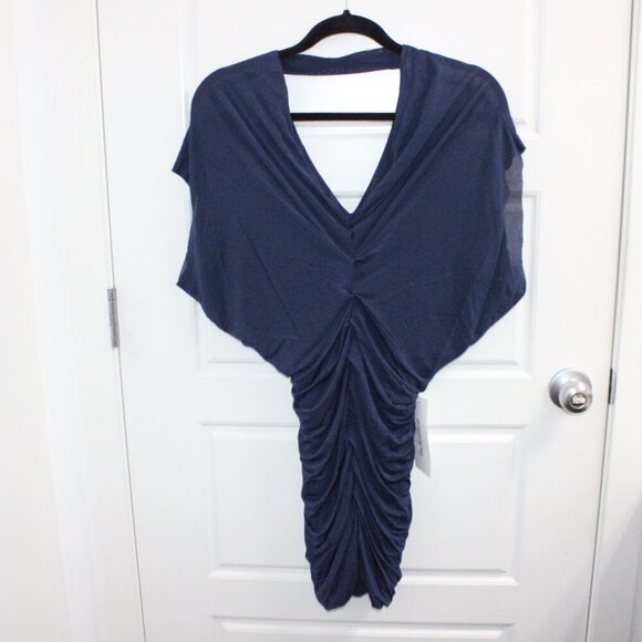 Yigal Azrouel Short Sleeve V Neck Midi Dress Ruched Navy - Picture 1 of 4